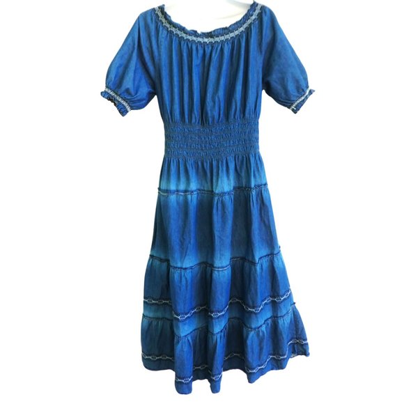 Lapis Denim Maxi Dress Prairie Tiered Puff Sleeves Embroidery Smocked Waist M - Picture 2 of 8